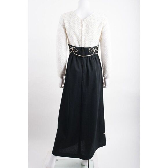 Vintage Womens Hostess Maxi Dress XS S Empire waist Black White Lace Long Sleeve - Picture 5 of 6